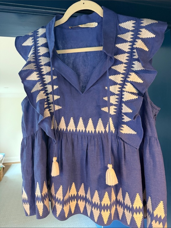 Marie Oliver Tops - Marie Oliver Blue Tank Top with Cream Embroidered Geometric Pattern